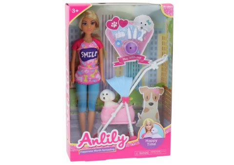 Lalka Anlily z Pieskiem W Wózku Butelki Miska Kość Aparat Lalka Anlily z Pieskiem W Wózku Butelki Miska Kość Aparat