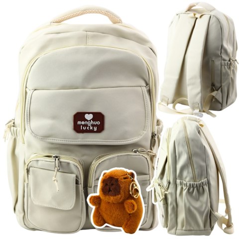 Plecak Miejski Szkolny Kapibara Brelok Przypinki Beżowy Kremowy 25L 42cm Plecak Miejski Szkolny Kapibara Brelok Przypinki Beżowy Kremowy 25L 42cm