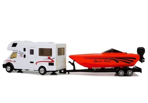 Camper z Czerwoną Motorówką i Napędem Frykcyjnym 1:48 Camper z Czerwoną Motorówką i Napędem Frykcyjnym 1:48
